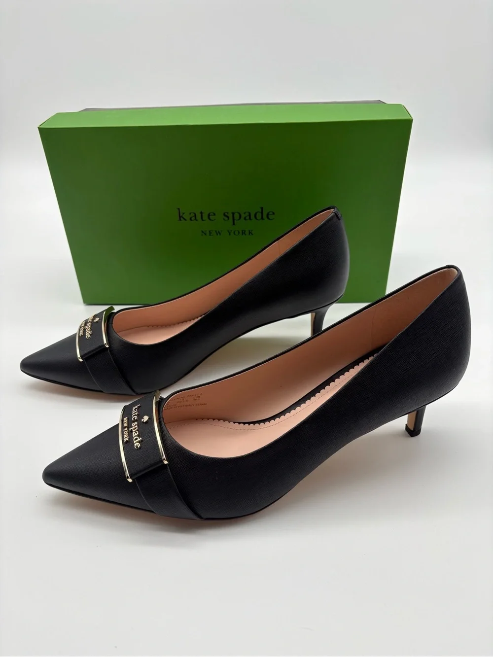 Kate Spade Women Daniella Saffiano Black Leather Pointed Toe Kitten Heels 9B